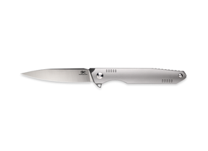 The Alta by Korcraft, titanium handle and m390 blade side view open on white background