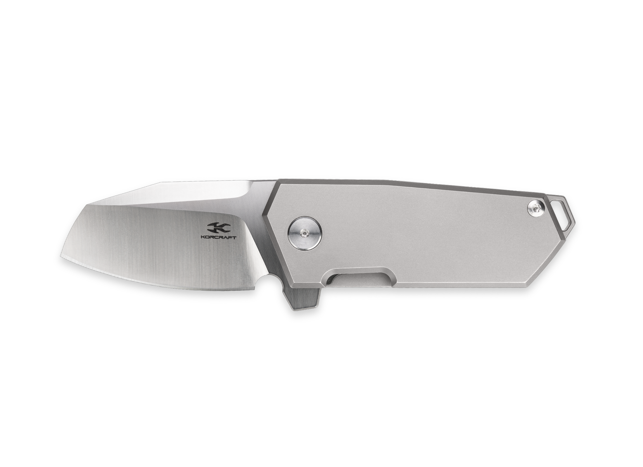 The Brute by Korcraft, titanium handle and D2 blade side view open on white background