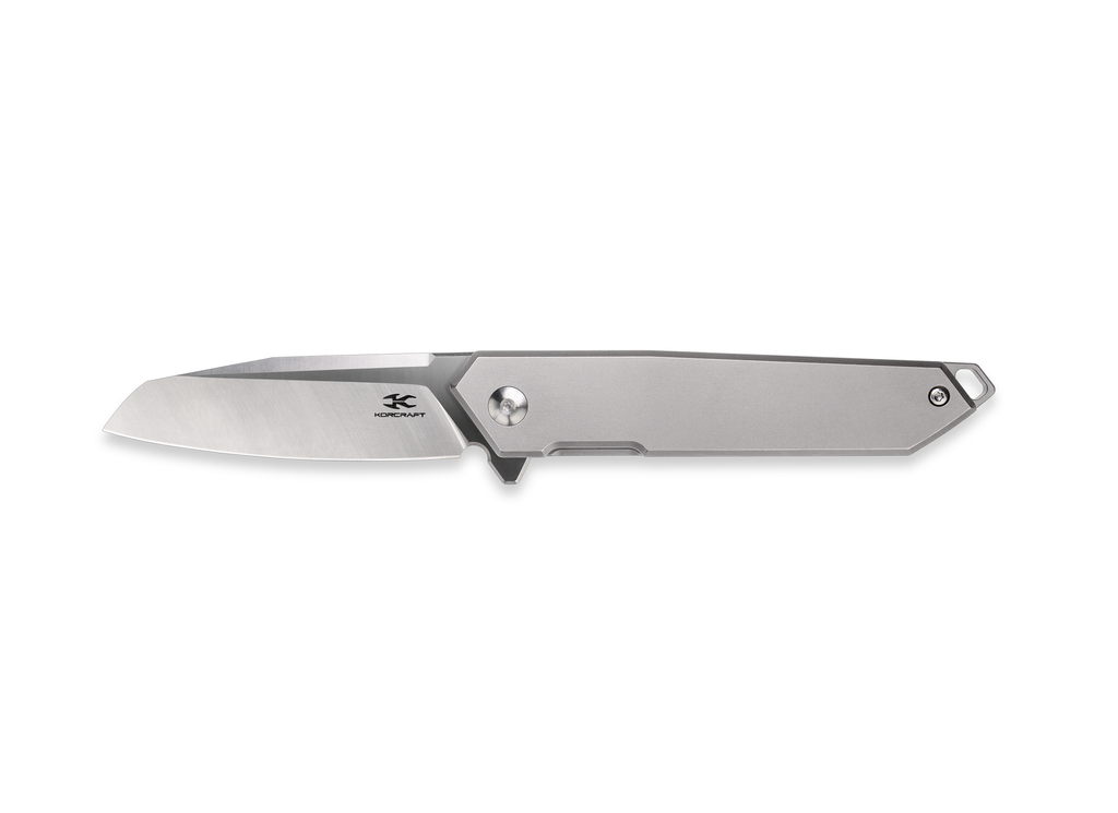 The Rixa by Korcraft, titanium handle and D2 blade side view open on white background