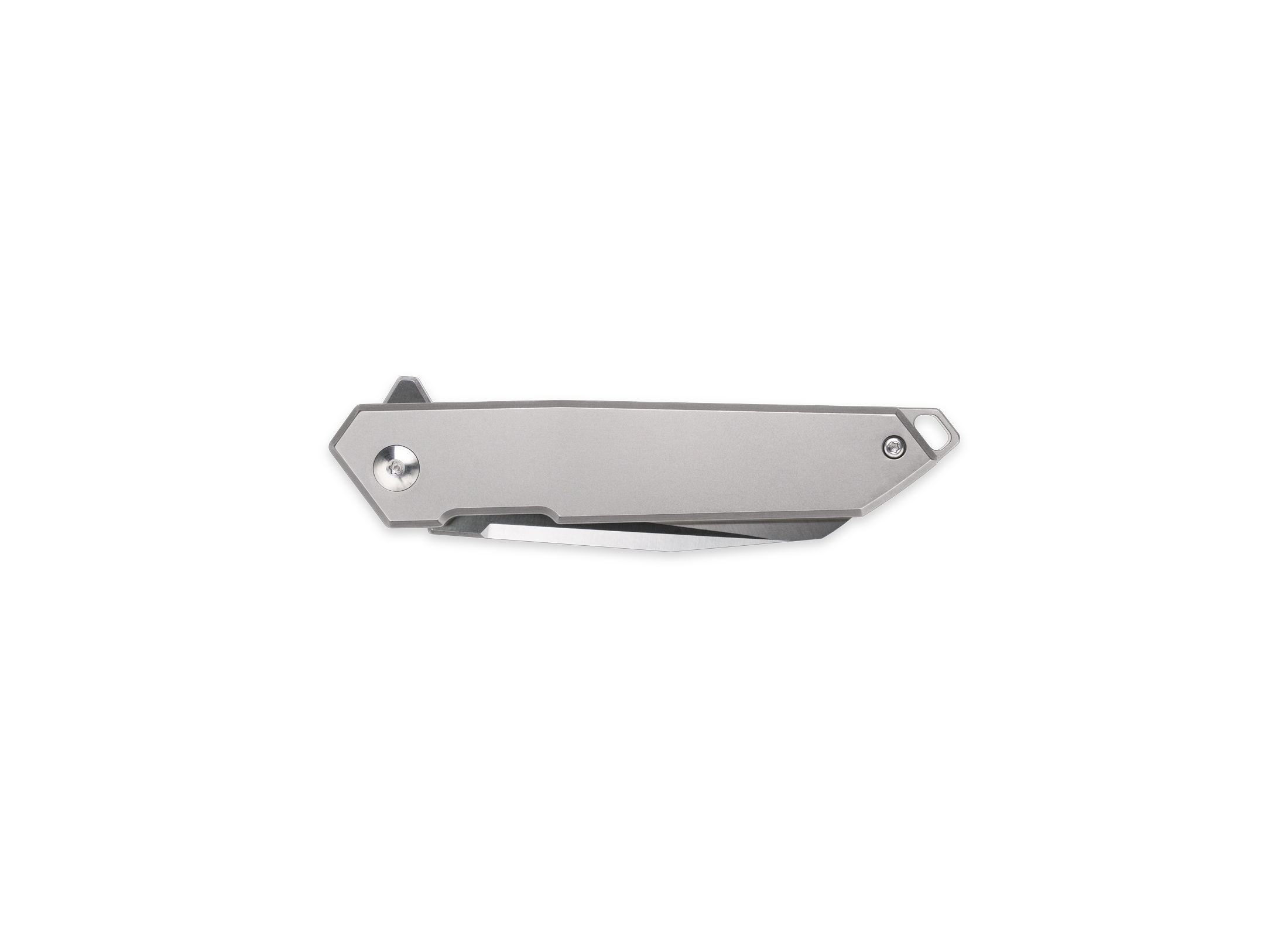 The Rixa by Korcraft, titanium handle and D2 blade side view closed on white background