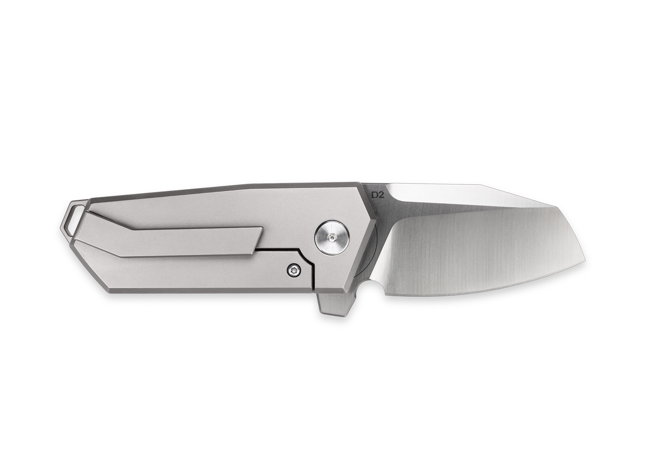The Brute by Korcraft, titanium handle and D2 blade pocket clip side view open on white background
