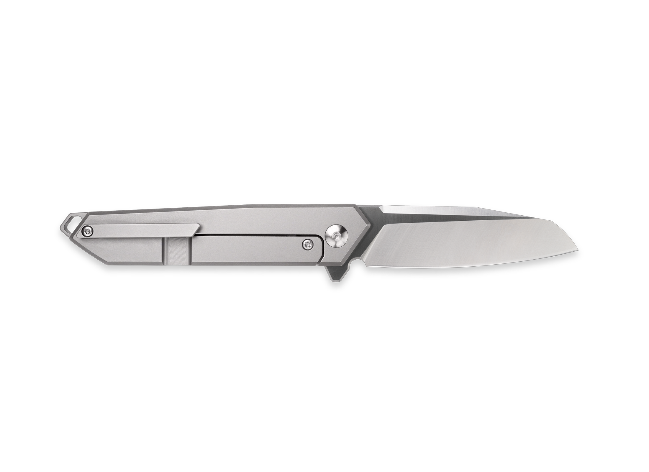 The Rixa by Korcraft, titanium handle and D2 blade pocket clip side view open on white background